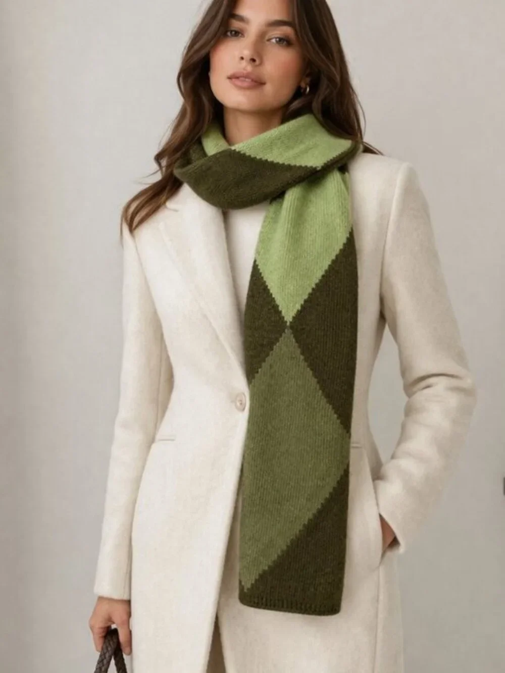 Olive Green Argyle Wool Blend Scarf Made in Italy Preppy Academia Winter Wrap